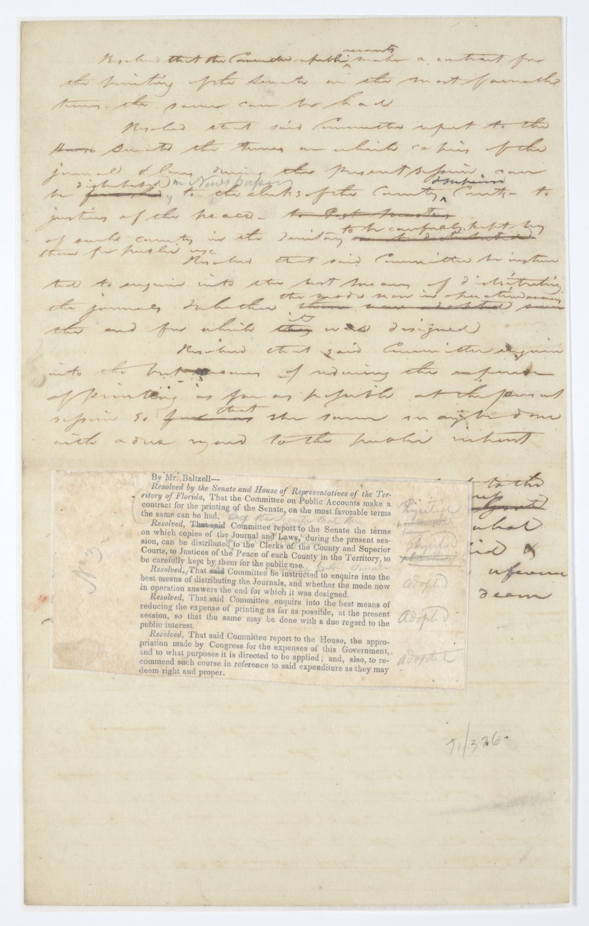 Resolution Directing the Committee on Public Accounts to Contract for the Printing of the Senate, circa 1844