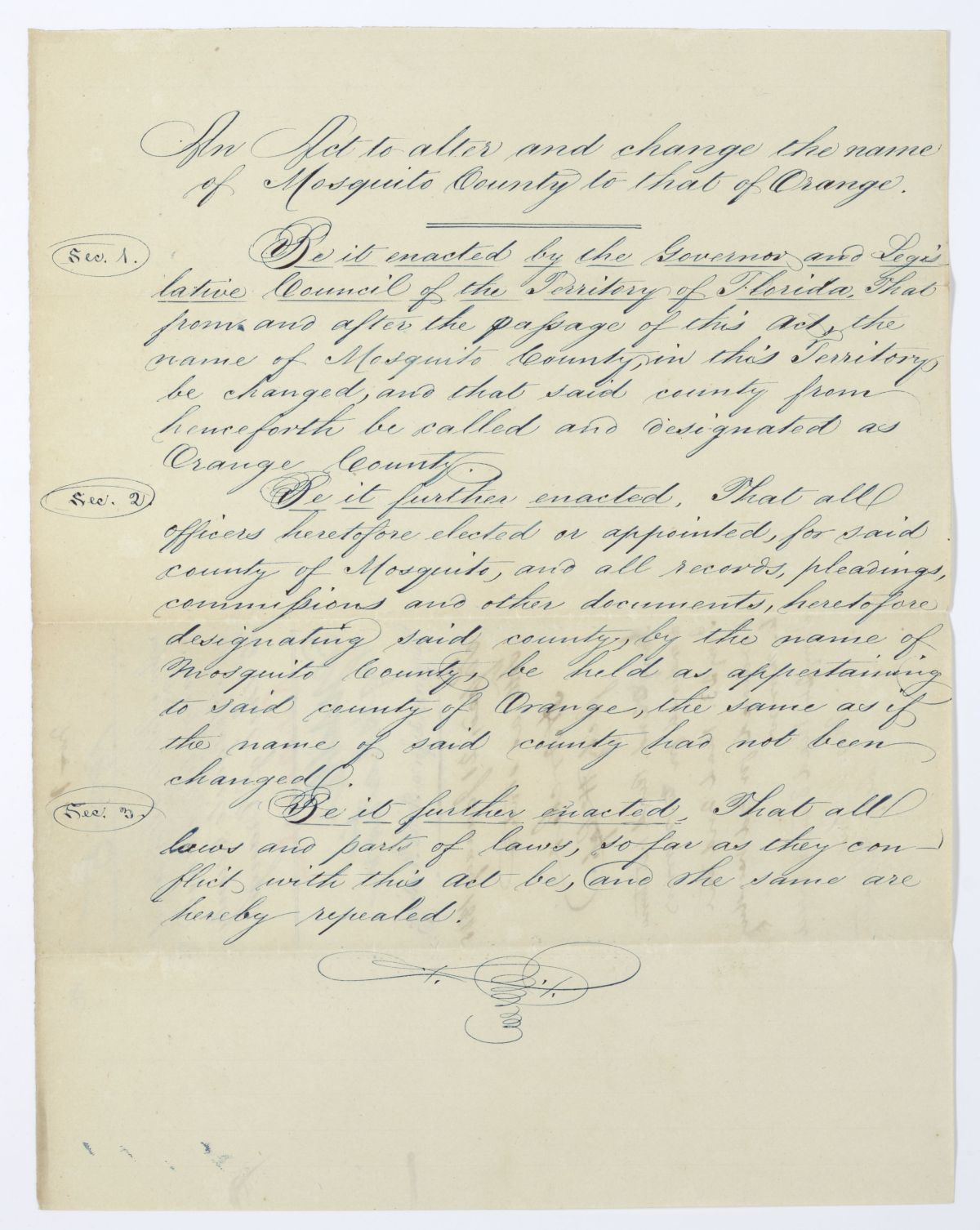 Draft of an Act to Alter and Change the Name of Mosquito County to that of Orange, 1845