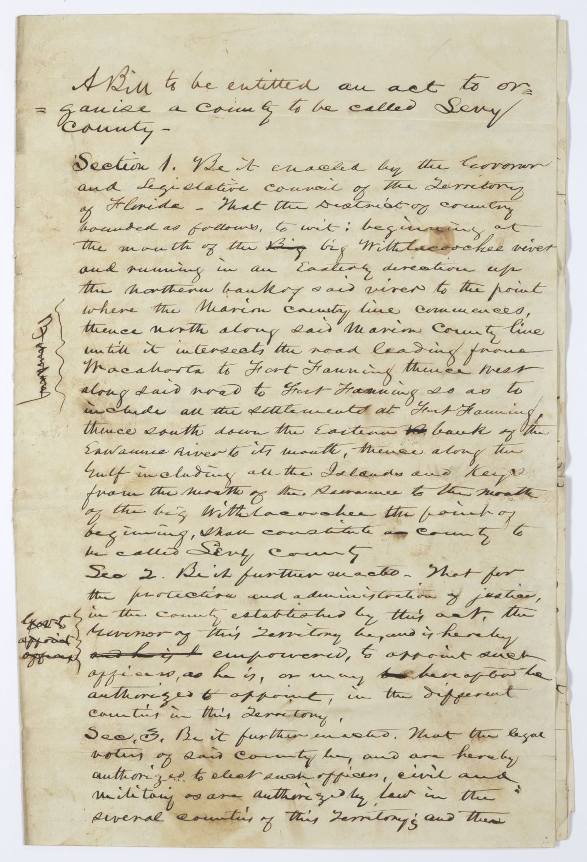 Draft of an Act to Organize a County to Be Called Levy County, 1845