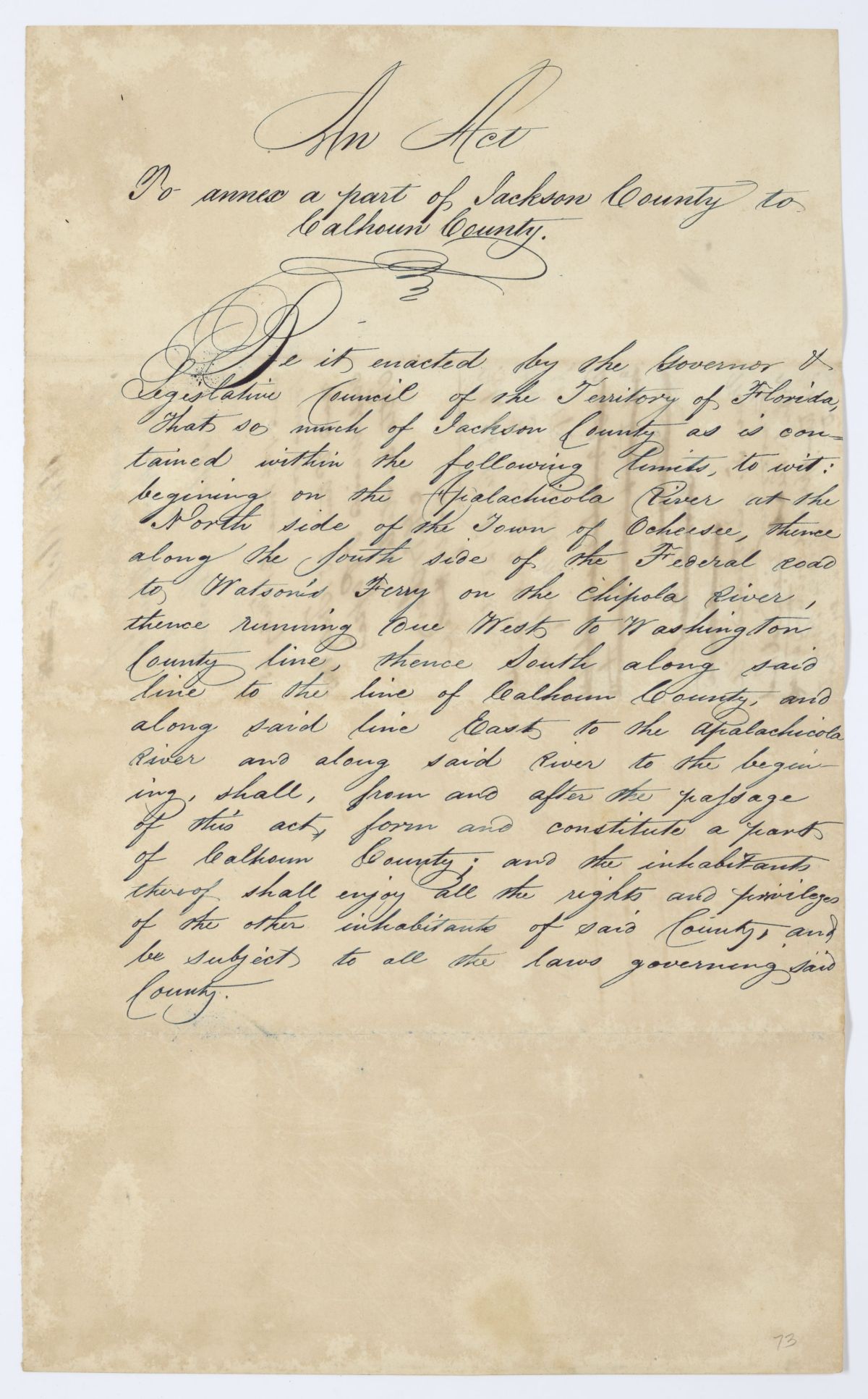 Draft of an Act to Annex a Part of Jackson County to Calhoun County, 1845