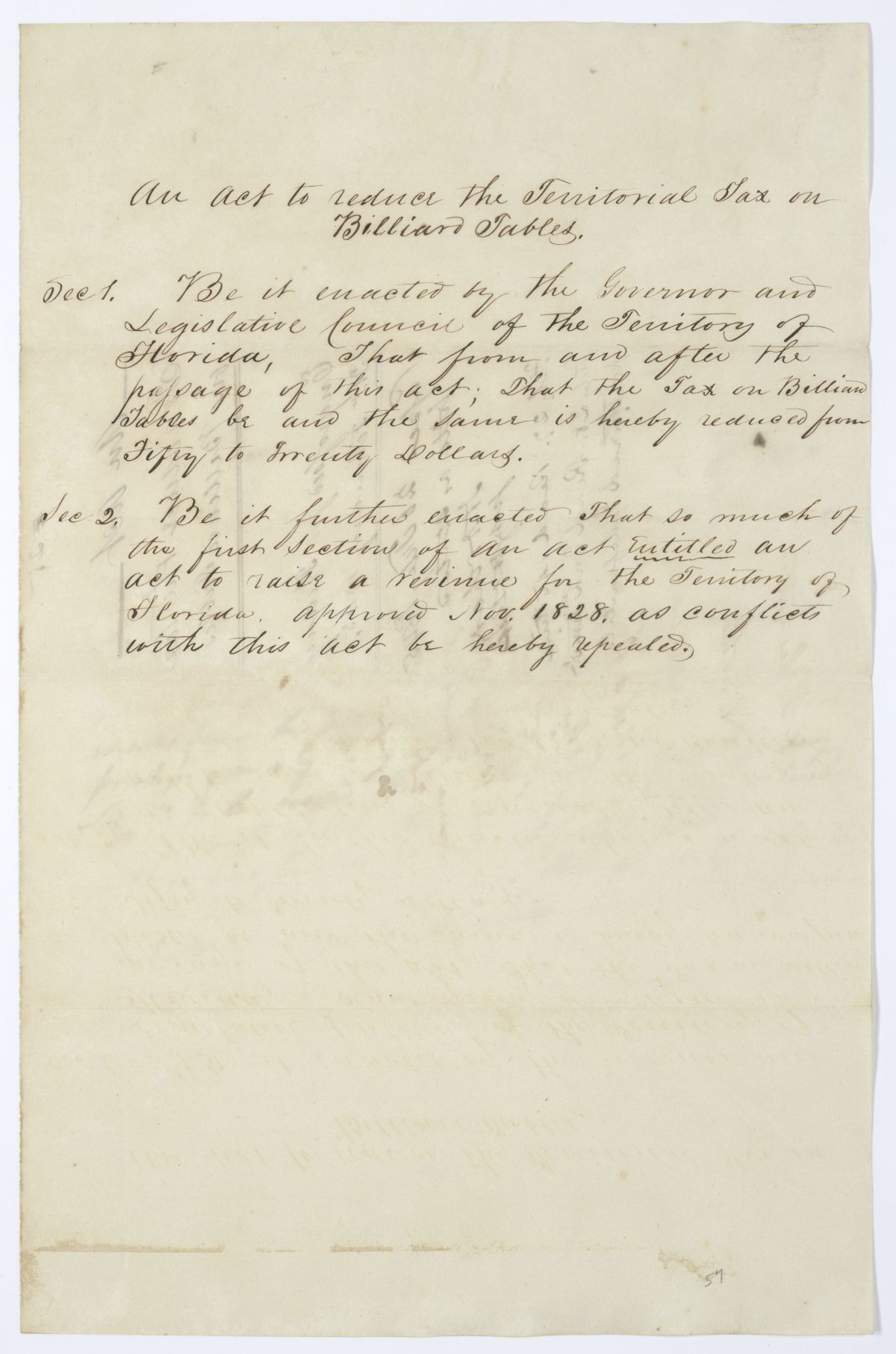 Draft of an Act to Reduce the Territorial Tax on Billiard Tables, 1845