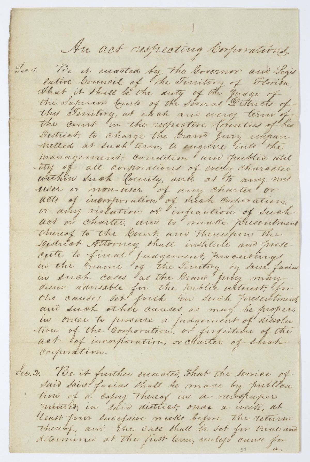 Draft of an Act Respecting Corporations, circa 1845