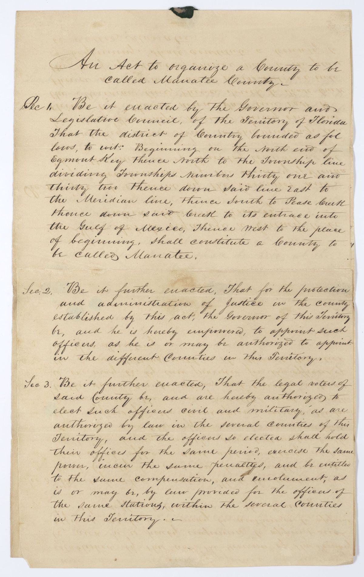 Draft of an Act to Organize a County to Be Called Manatee County, 1845