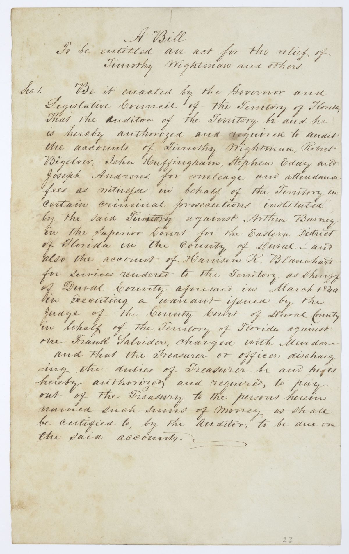 Draft of an Act for the Relief of Timothy Wightman and Others, 1845