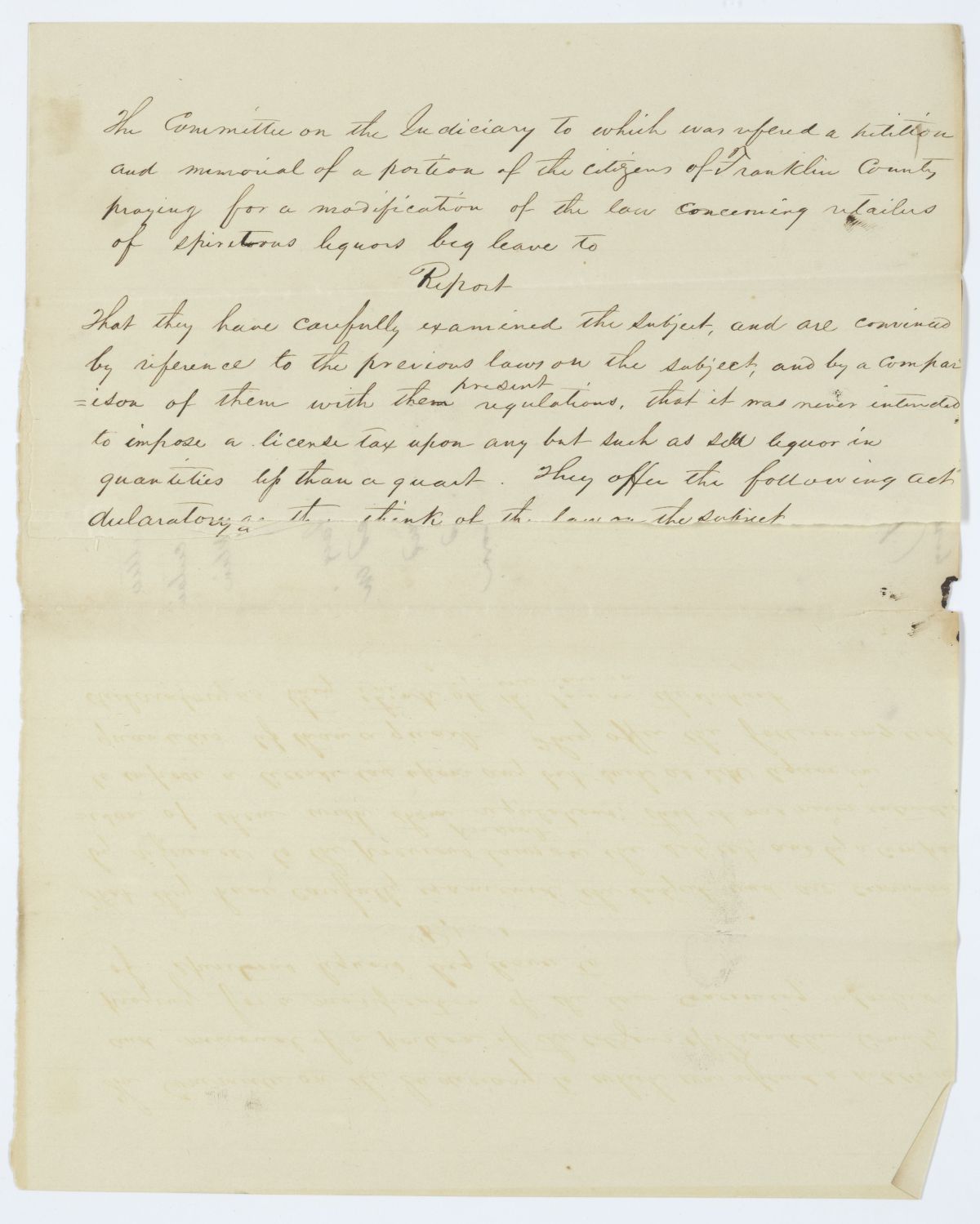 Report of the Judiciary Committee to Which Was Referred a Petition of Citizens of Franklin County on Retailers of Liquor, circa 1845