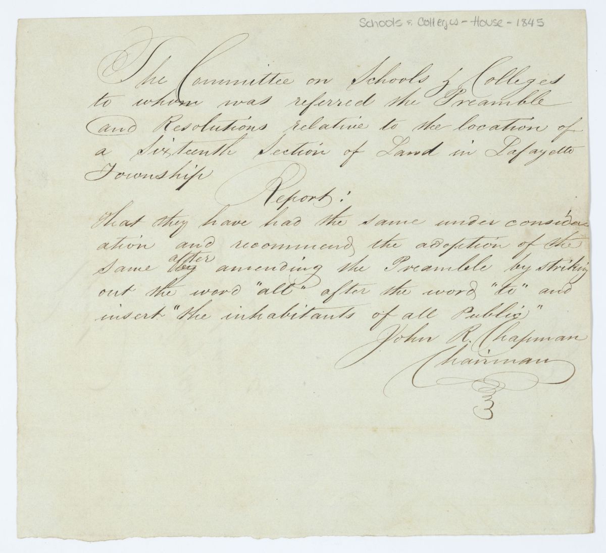 Report of the Committee on Schools and Colleges to Whom Was Referred a Resolution Relative to the Location of a Sixteenth Section, 1845