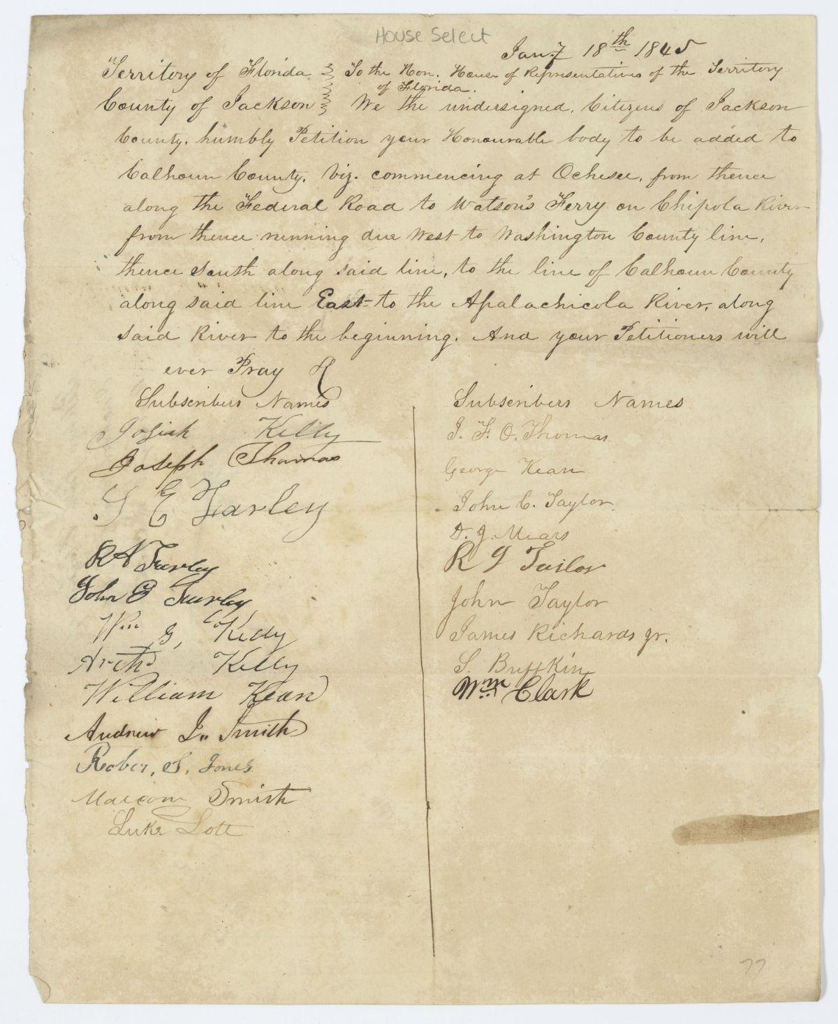 Petition of Citizens of Jackson County Requesting that Calhoun County Annex a Portion of Jackson County, 1845