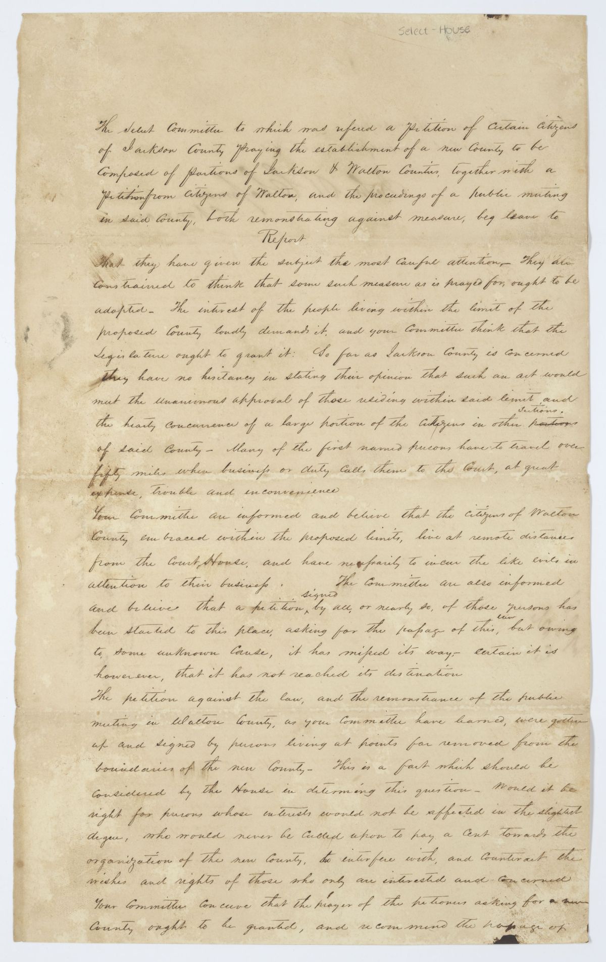 Report of the Select Committee to Which Was Referred a Petition of Citizens Requesting the Organization of a New County, circa 1845