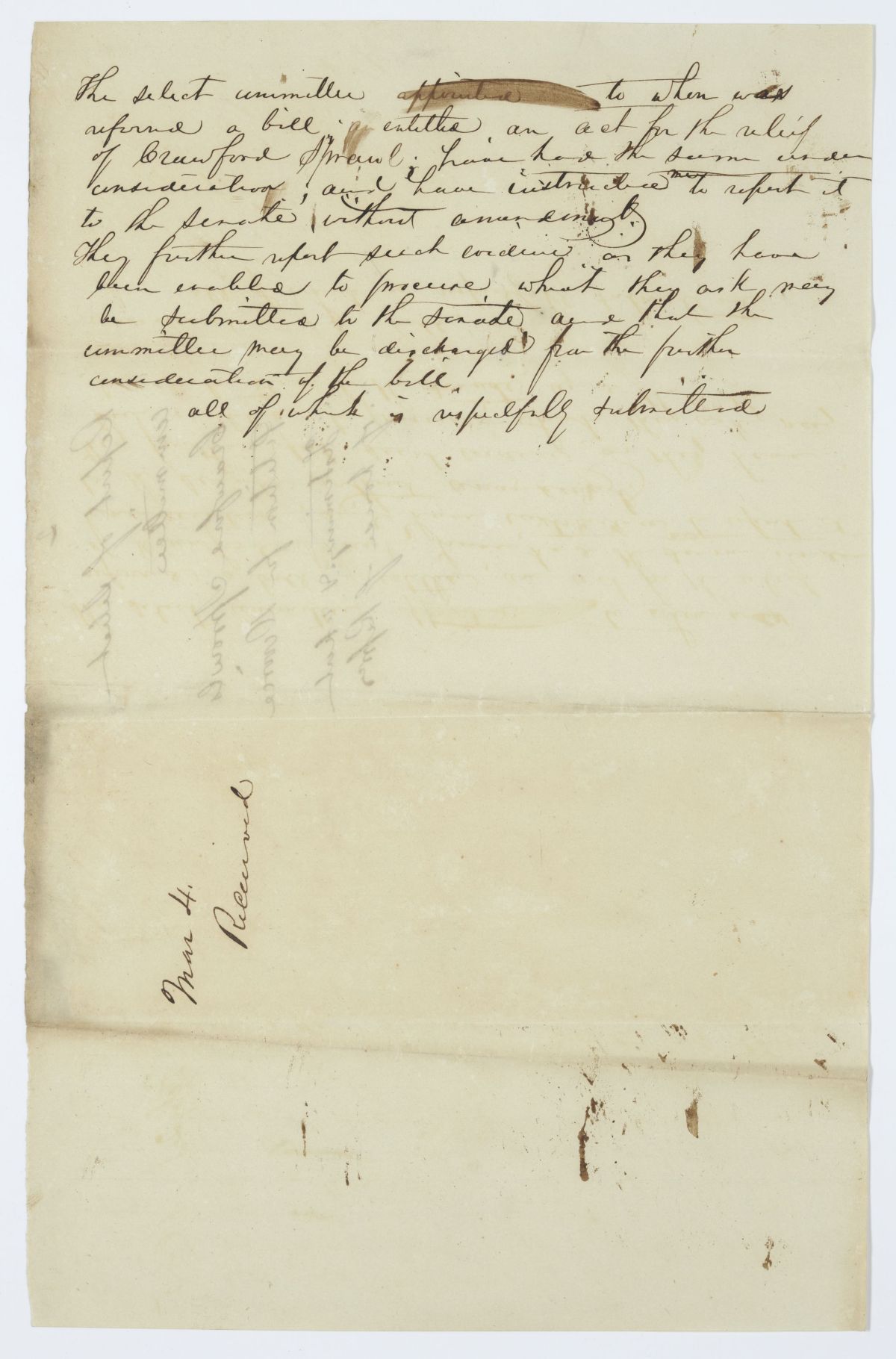 Report of the Select Committee to Whom Was Referred a Bill for the Relief of Crawford Sprowl, circa 1845