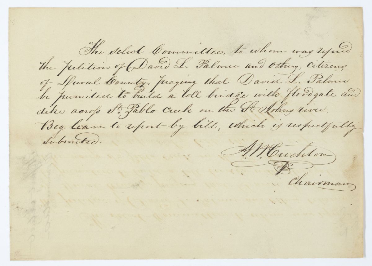 Report of the Select Committee to Whom Was Referred the Petition of David L. Palmer Requesting Permission to Build a Toll Bridge, circa 1845