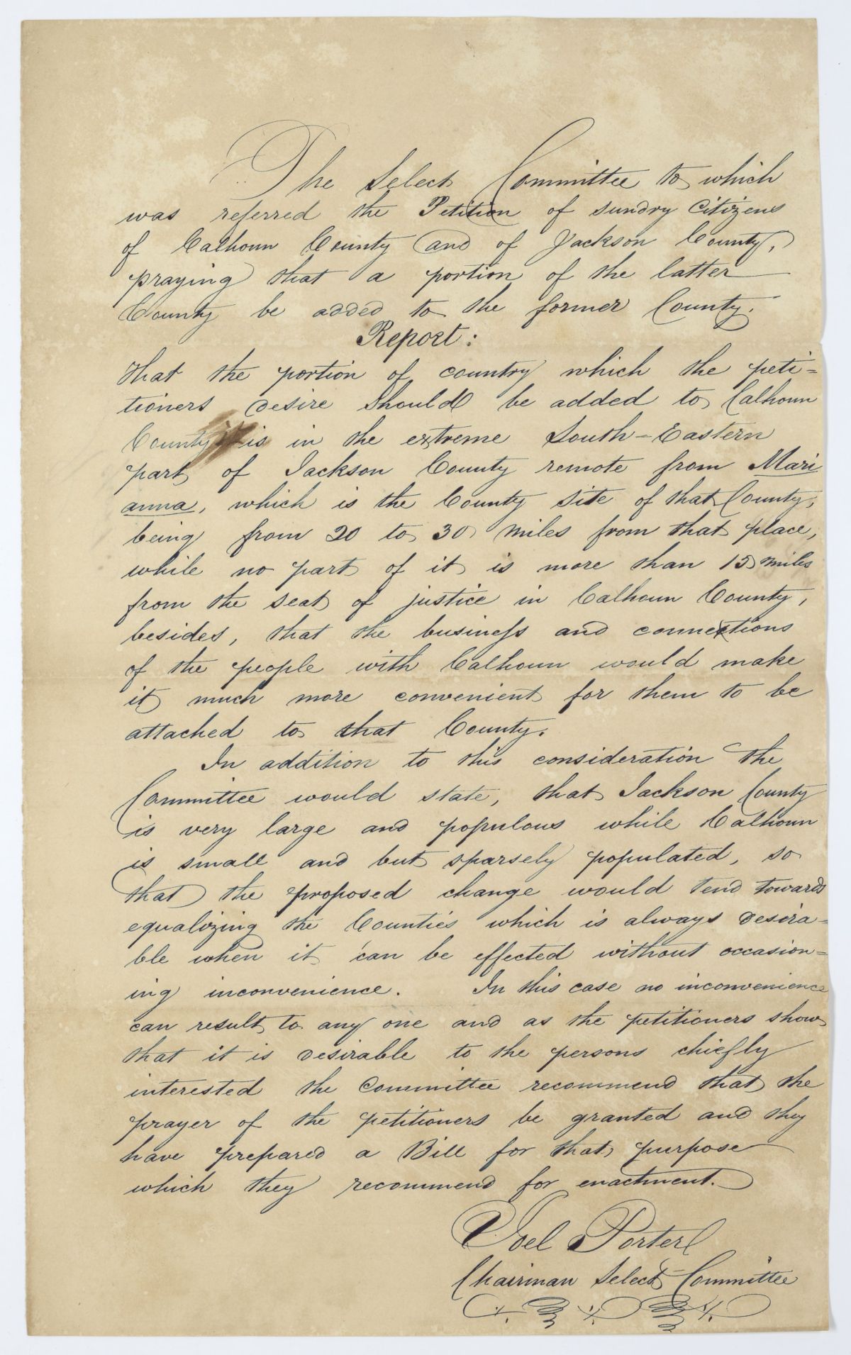 Report of the Select Committee to Whom Was Referred a Petition of Citizens of Calhoun and Jackson Counties, circa 1845