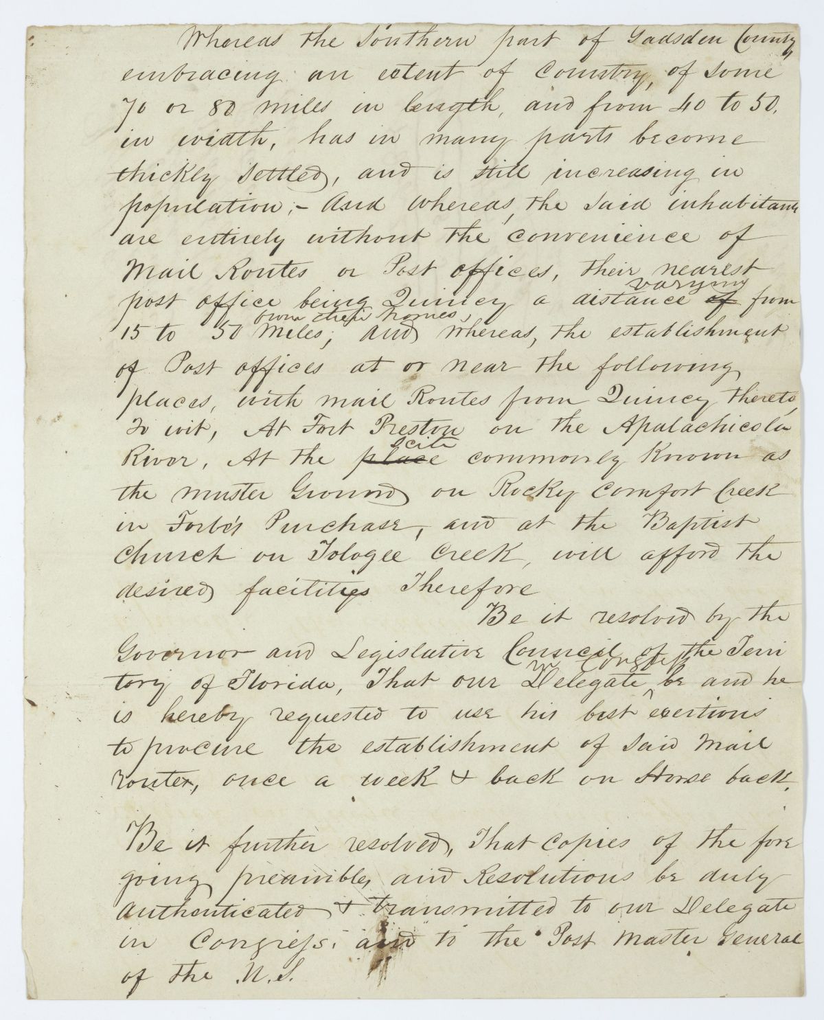 Resolution Directing the Florida Delegate in Congress to Lobby for a Mail Route Between Quincy and Southern Gadsden County, 1845