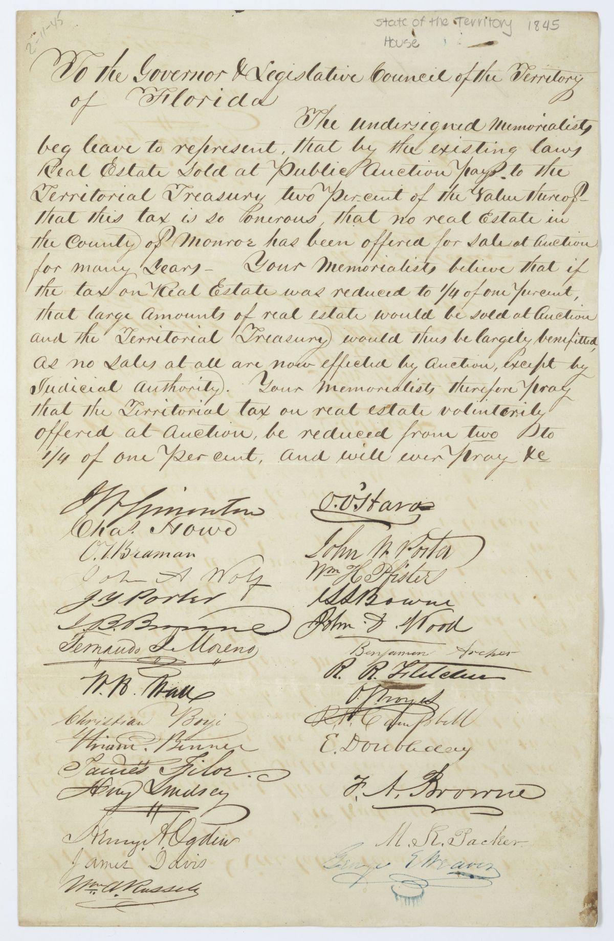 Petition of Citizens Requesting that the Tax on Real Estate Sold at Auction Be Reduced, 1845