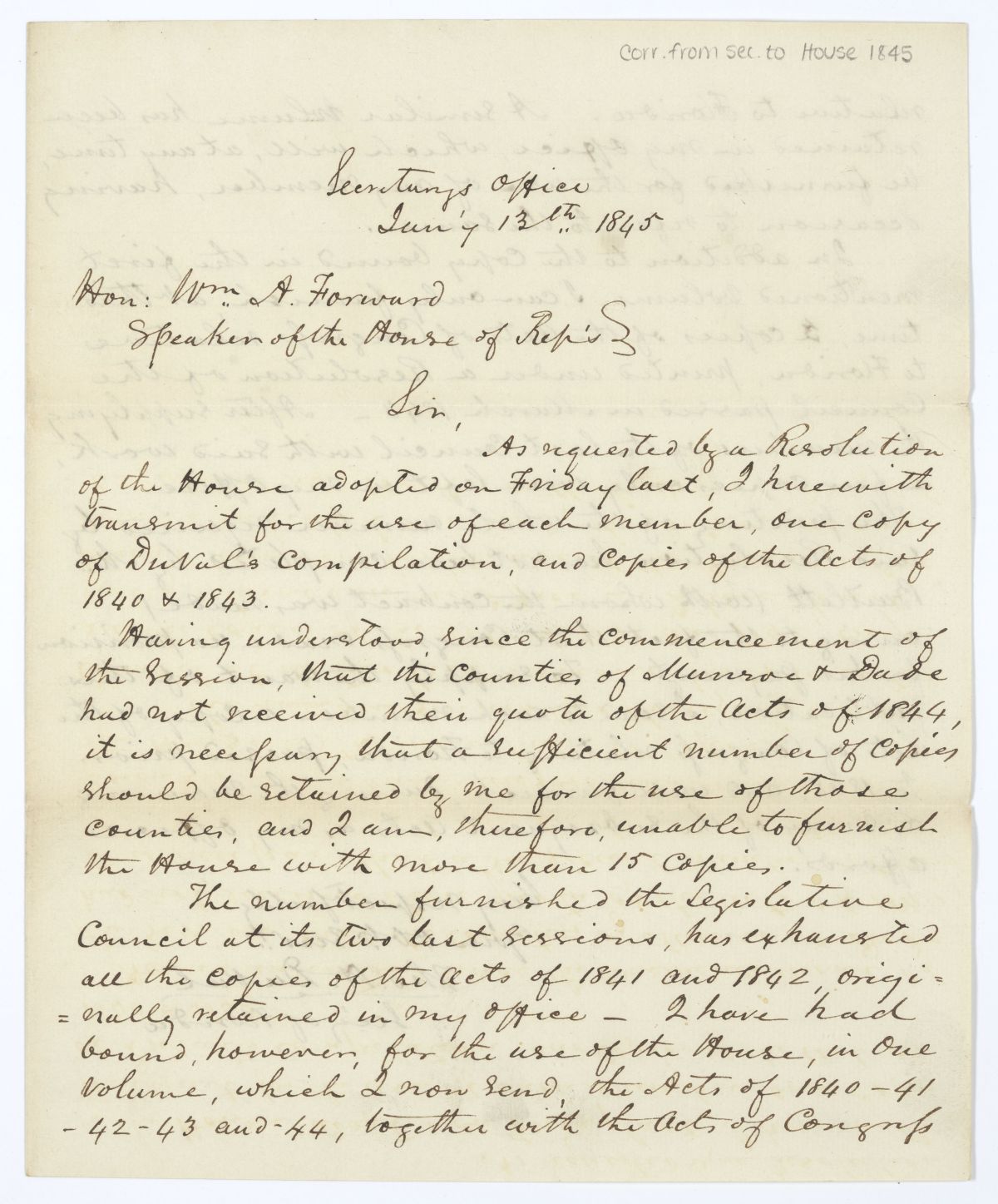 Letter from Thomas H. Duval to William A. Forward Concerning Printed Laws, 1845