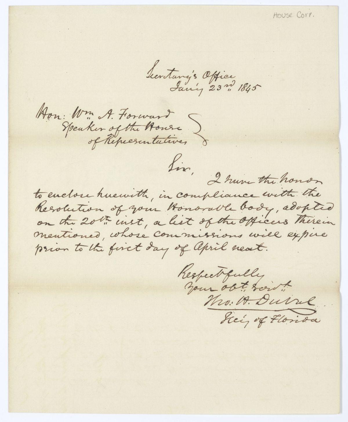 Letter from Thomas H. Duval to William A. Forward Regarding a List of Public Officers, 1845