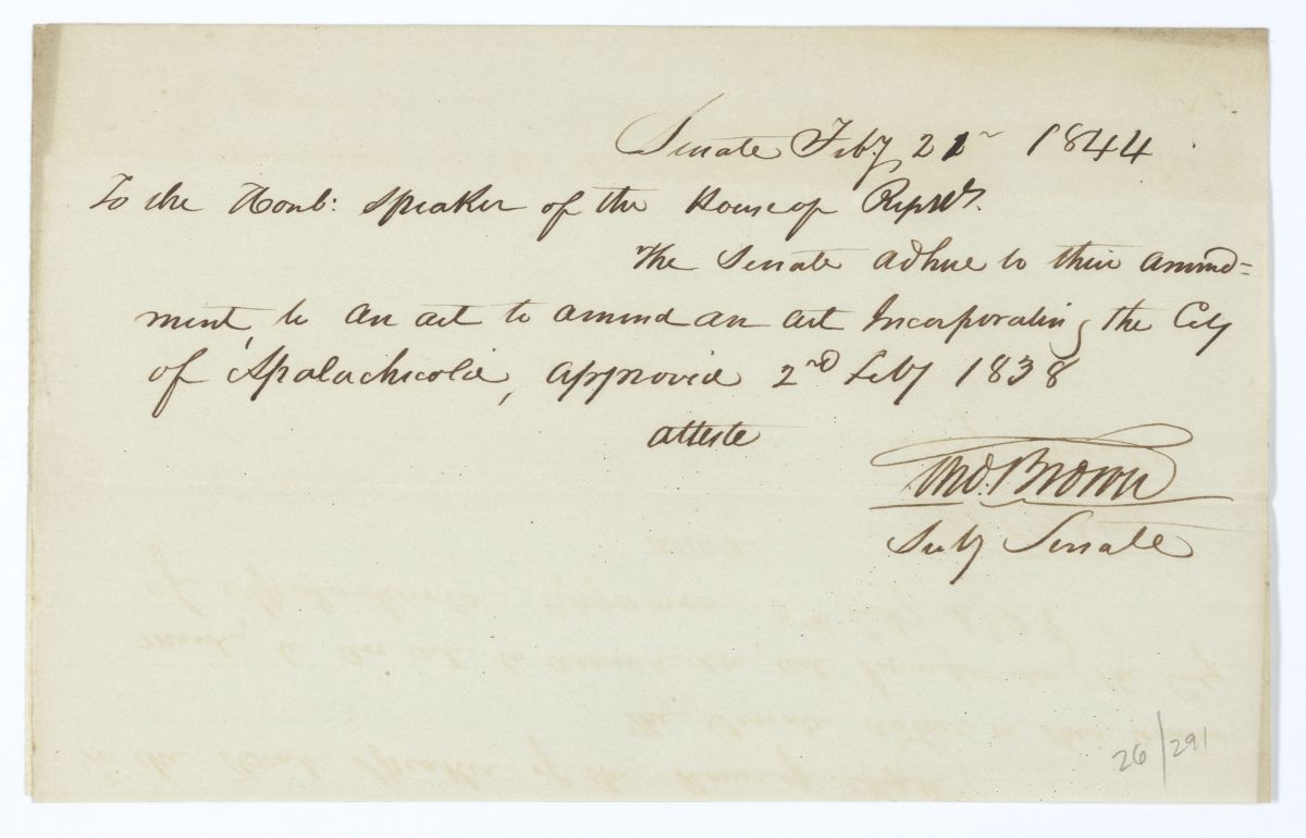 Letter from Thomas Brown to the Speaker of the House of Representatives Relative to an Act Incorporating the City of Apalachicola, 1844