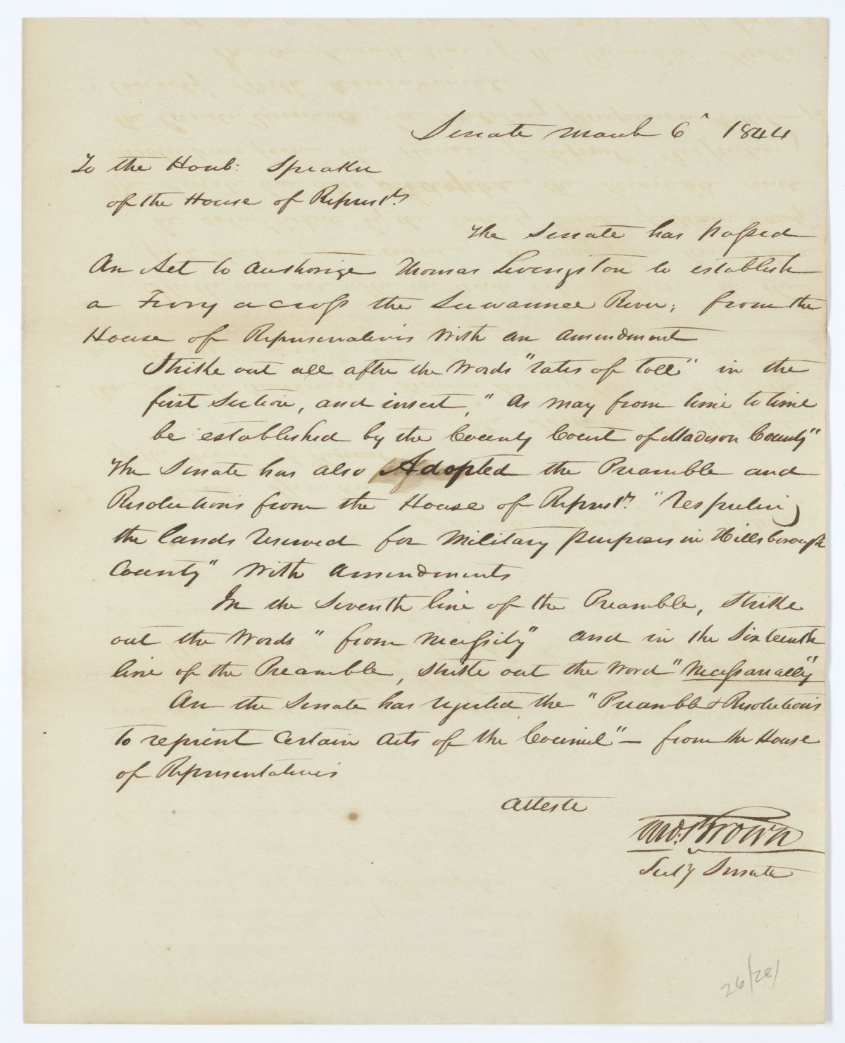 Letter from Thomas Brown to the Speaker of the House of Representatives Concerning an Act and Two Resolutions, 1844