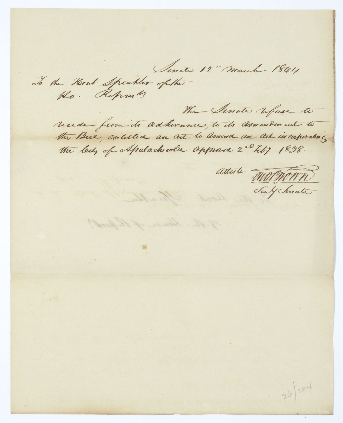 Letter from Thomas Brown to the Speaker of the House of Representatives Relative to an Act Incorporating the City of Apalachicola, 1844