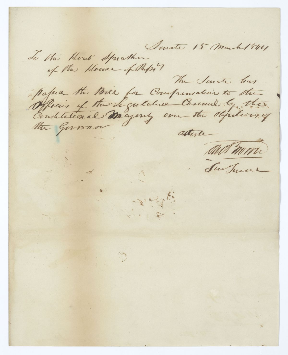 Letter from Thomas Brown to the Speaker of the House of Representatives Relative to a Bill Compensating Legislative Officers, 1844