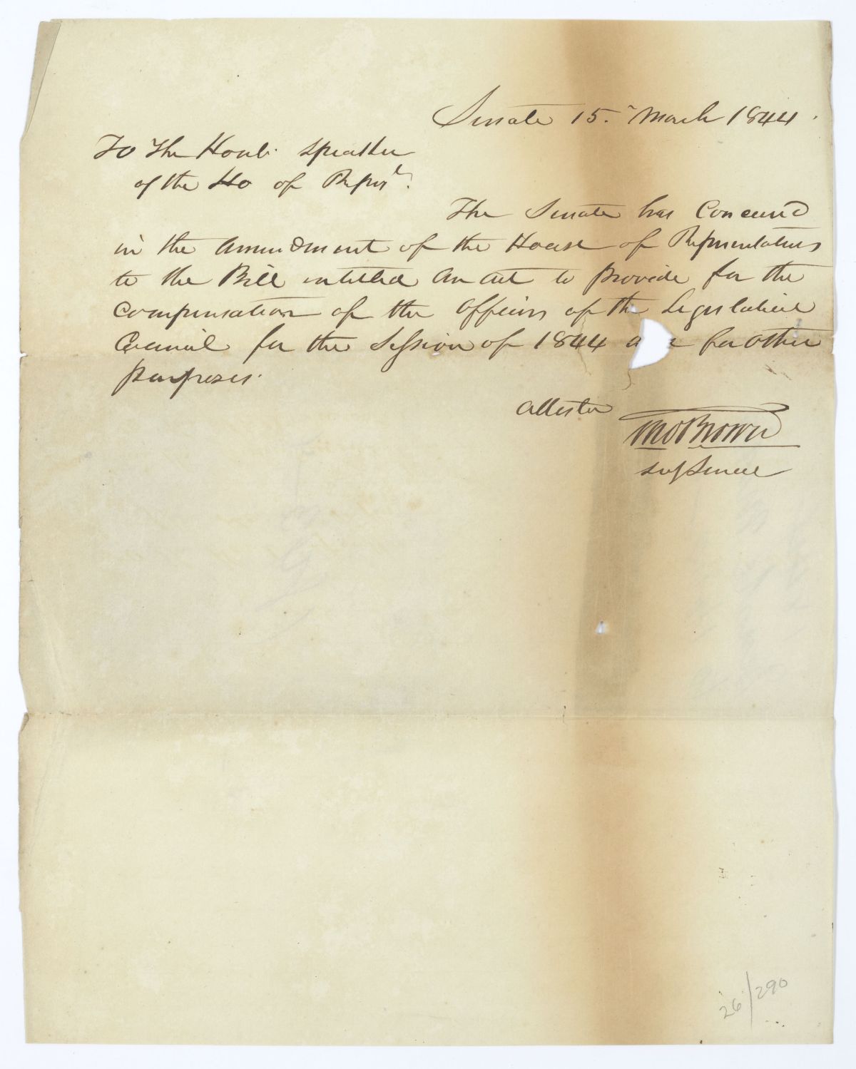 Letter from Thomas Brown to the Speaker of the House of Representatives Regarding a Bill for the Compensation of Legislative Officers, 1844