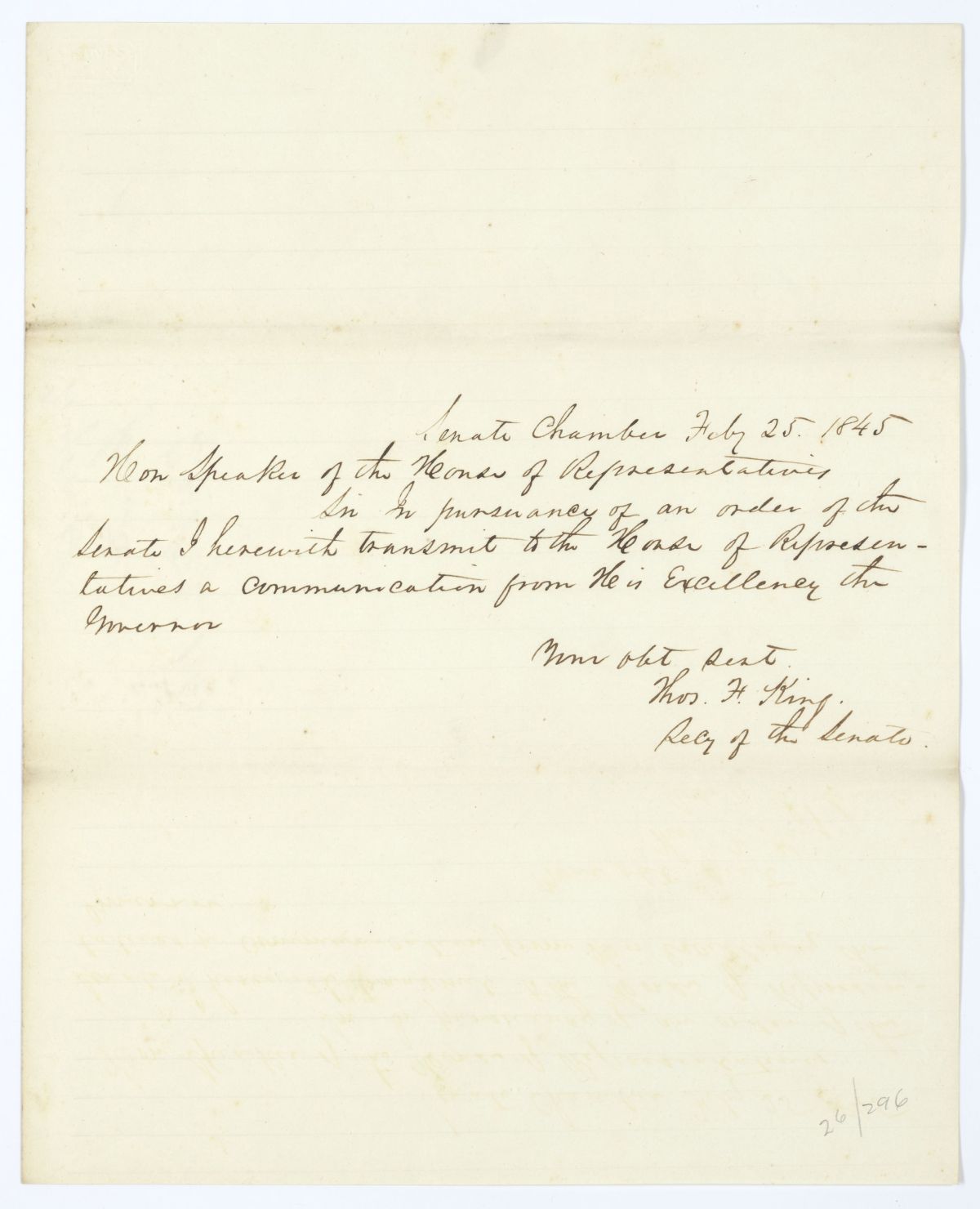 Letter from Thomas F. King to the Speaker of the House of Representatives Regarding a Communication from the Governor, 1845