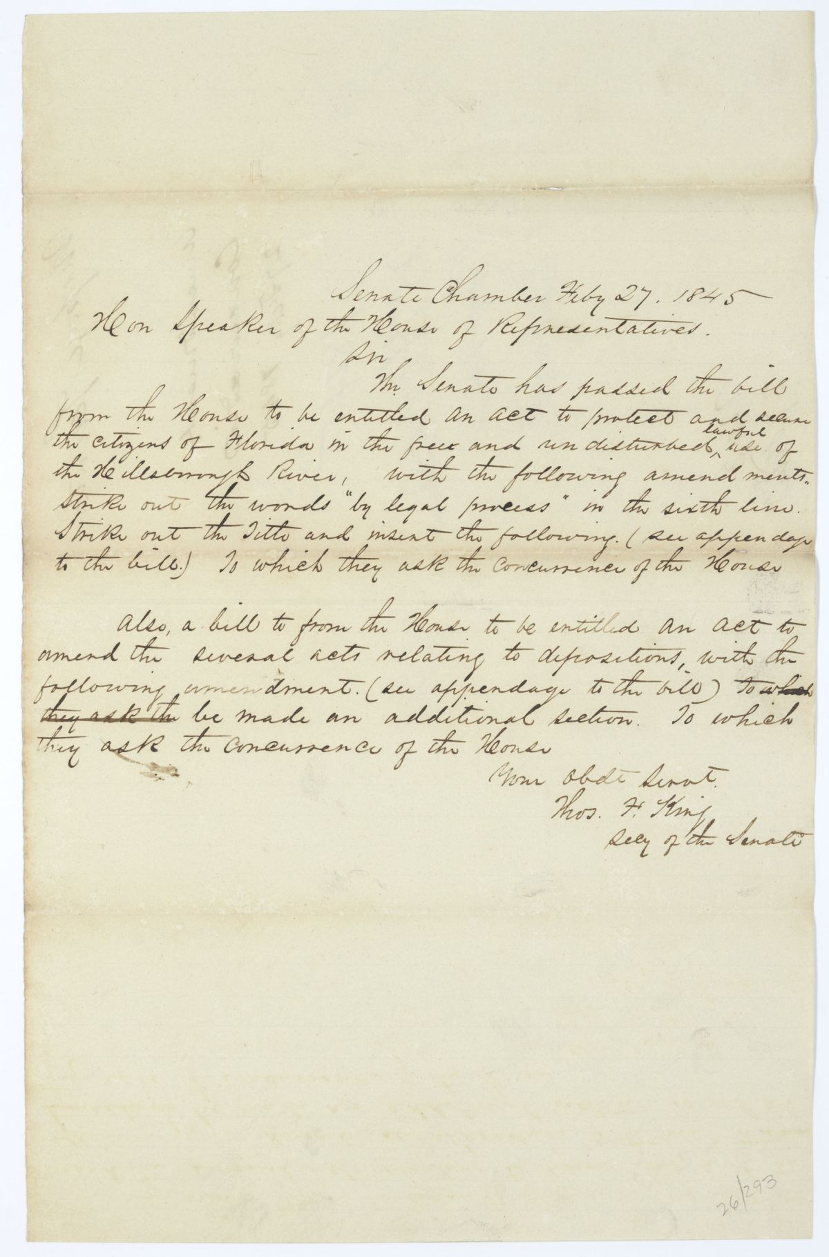 Letter from Thomas F. King to the Speaker of the House of Representatives Regarding Two Bills, 1845