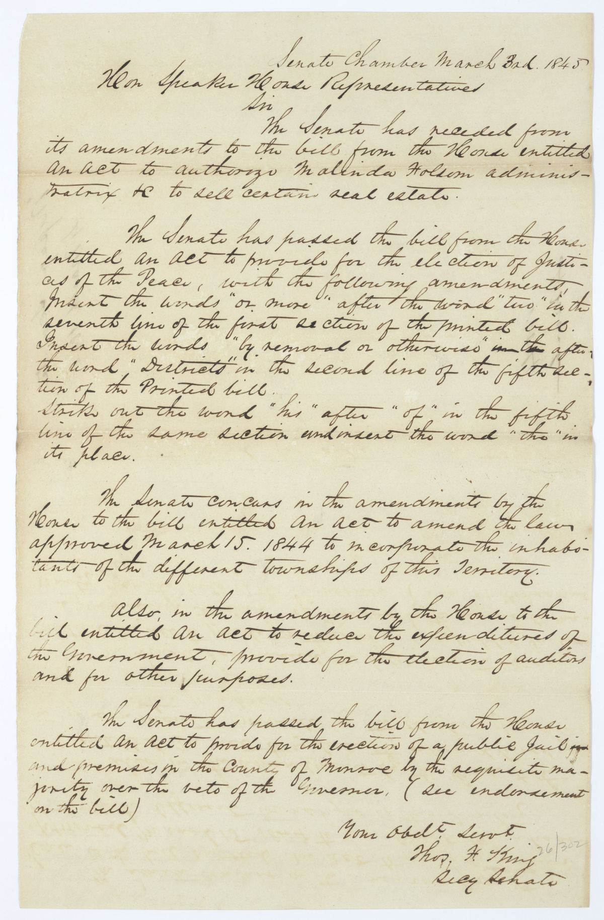 Letter from Thomas F. King to the Speaker of the House of Representatives Regarding Several Bills, 1845