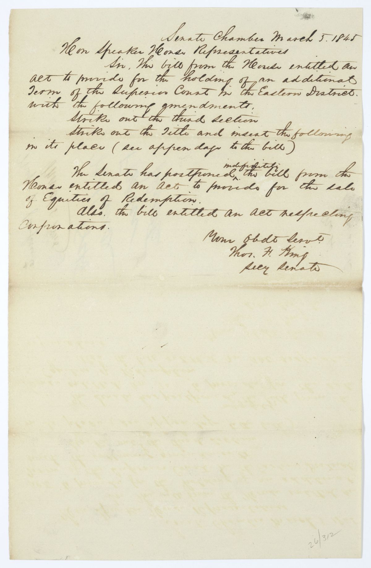 Letter from Thomas F. King to the Speaker of the House of Representatives Regarding Three Bills, 1845