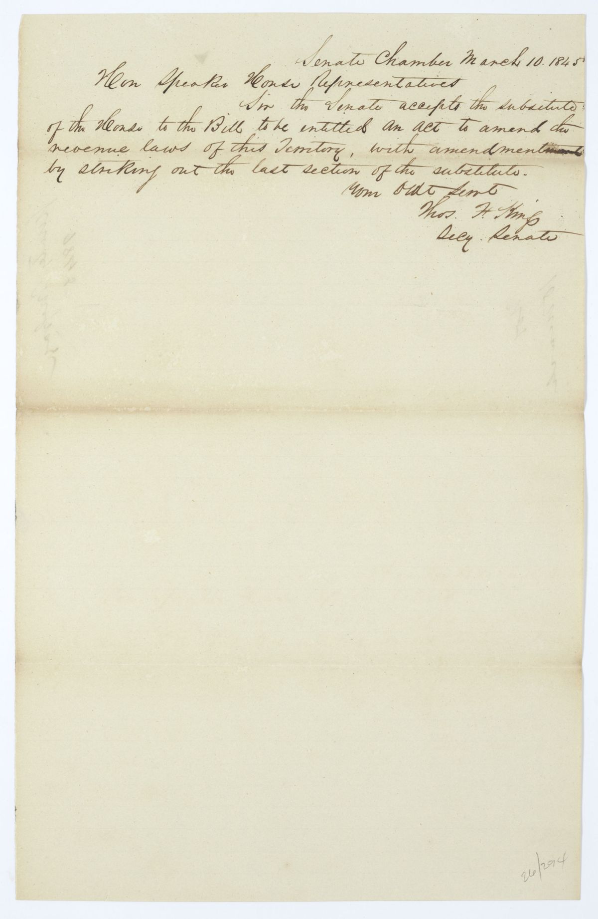 Letter from Thomas F. King to the Speaker of the House of Representatives Regarding a Bill to Amend the Revenue Laws, 1845