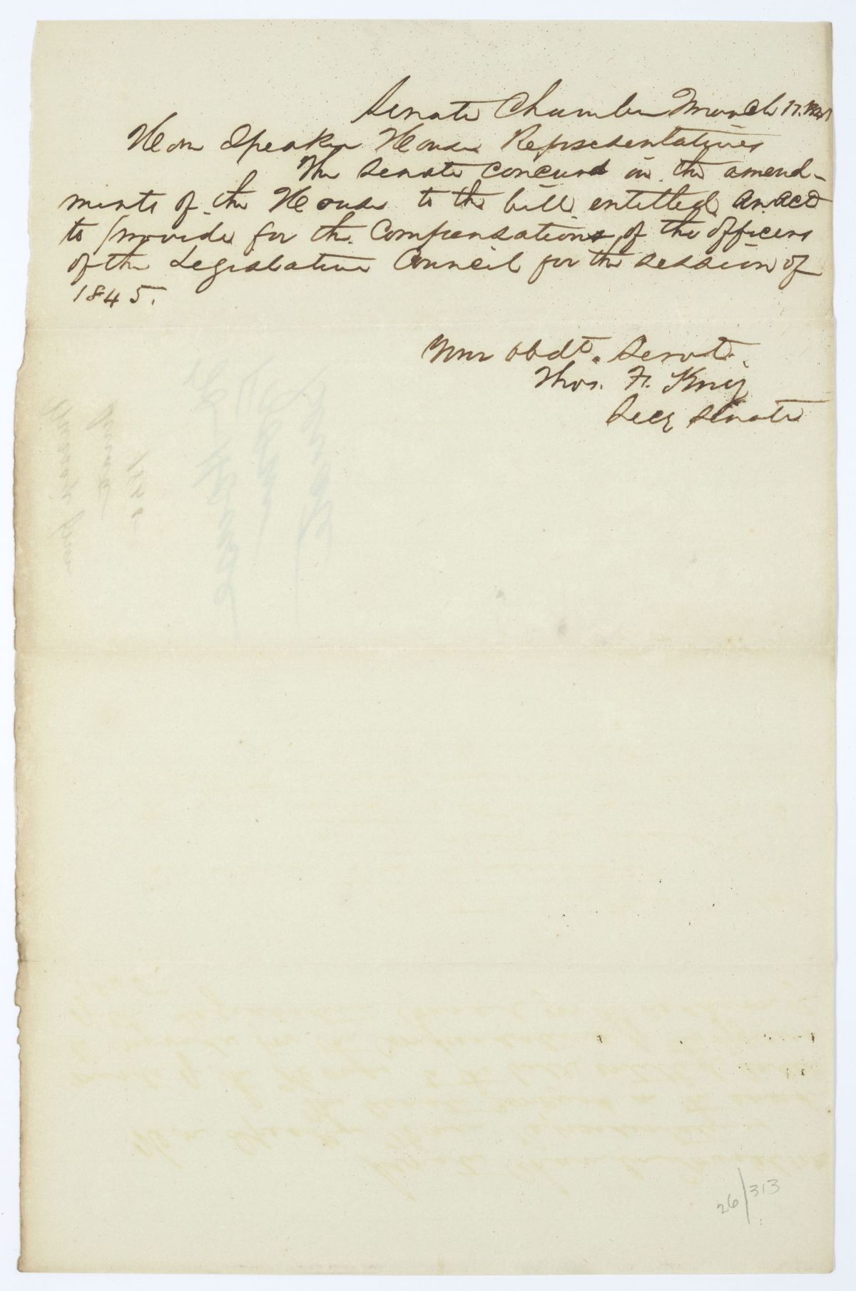 Letter from Thomas F. King to the Speaker of the House of Representatives Regarding a Bill on the Compensation of Legislative Officers, 1845