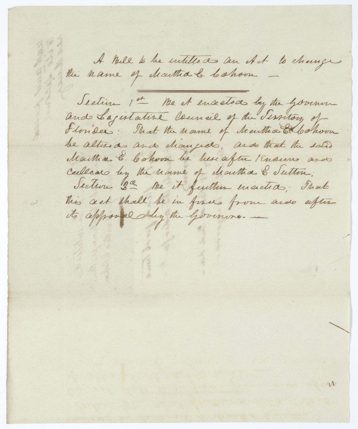 Draft of an Act to Change the Name of Martha E. Cahoon, 1845