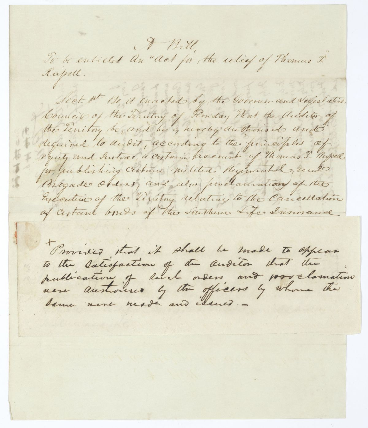 Draft of an Act for the Relief of Thomas T. Russell, circa 1845