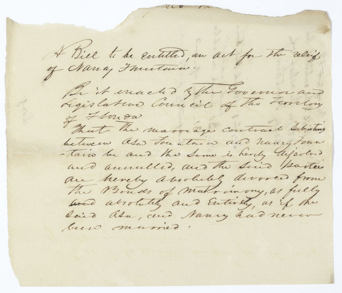 Draft of an Act for the Relief of Nancy Fountain, circa 1845