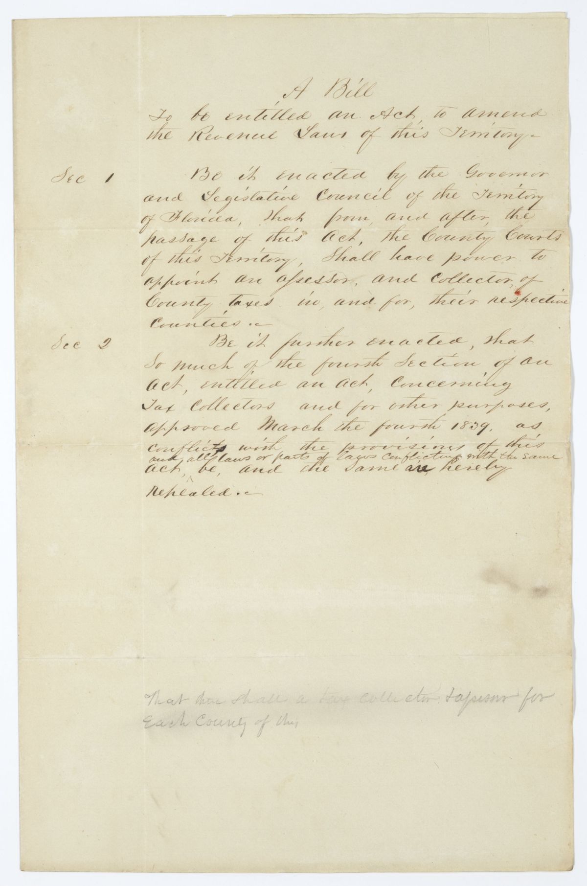 Draft of an Act to Amend the Revenue Laws of the Territory, circa 1845