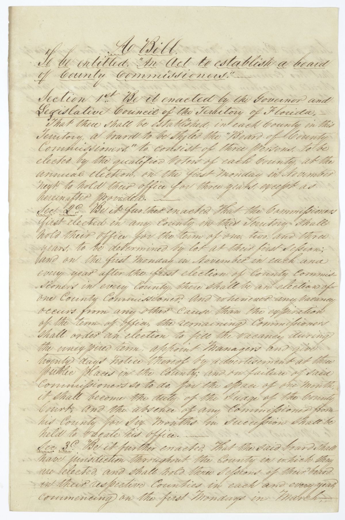 Draft of an Act to Establish a Board of County Commissioners, 1845