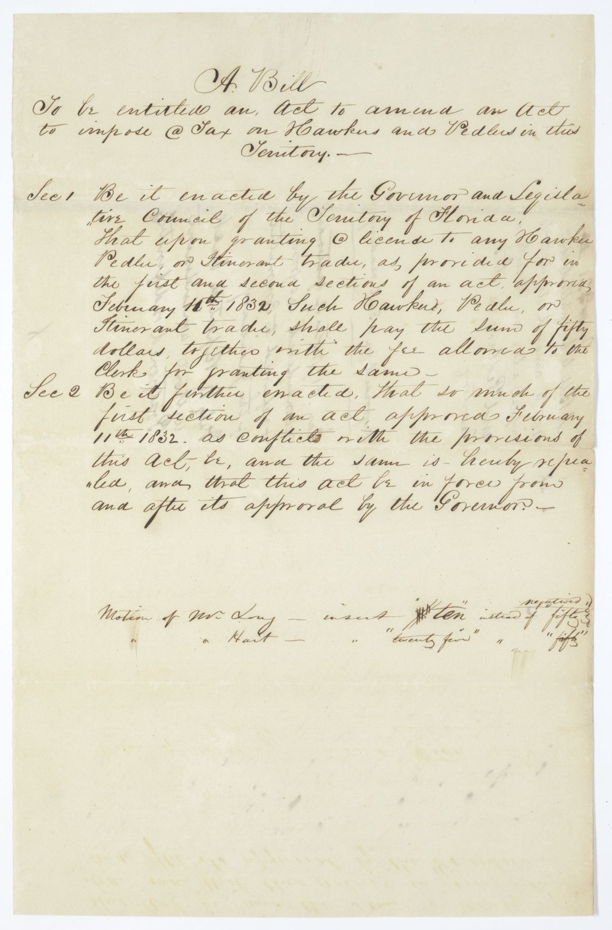 Draft of an Act to Amend an Act to Impose a Tax on Hawkers and Peddlers, circa 1845