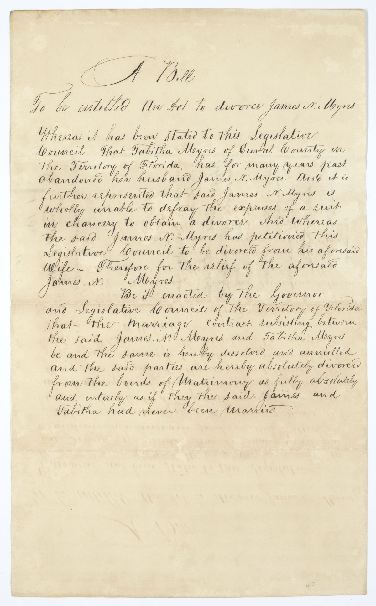 Draft of an Act to Divorce James N. Myres, circa 1845