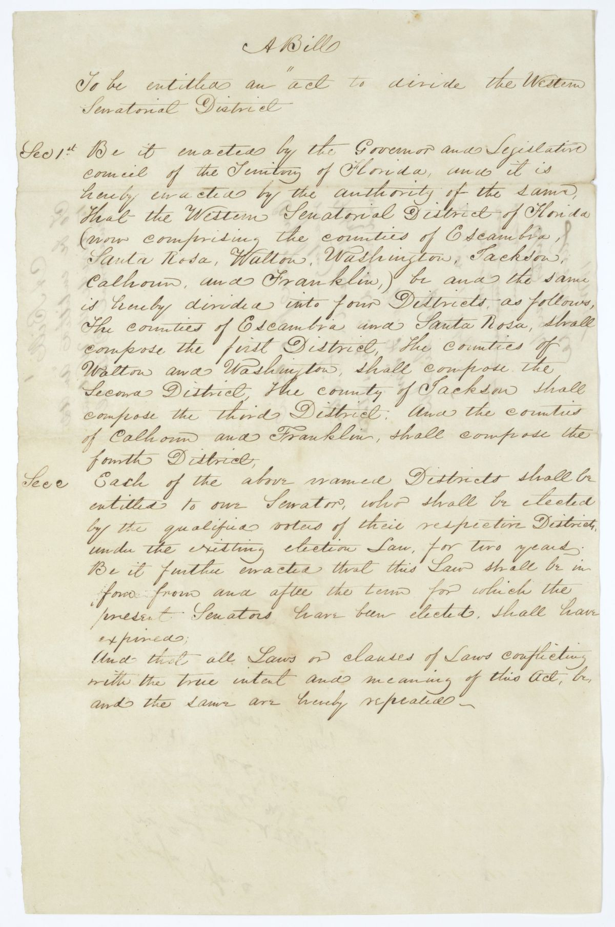 Draft of an Act to Divide the Western Senatorial District, 1845