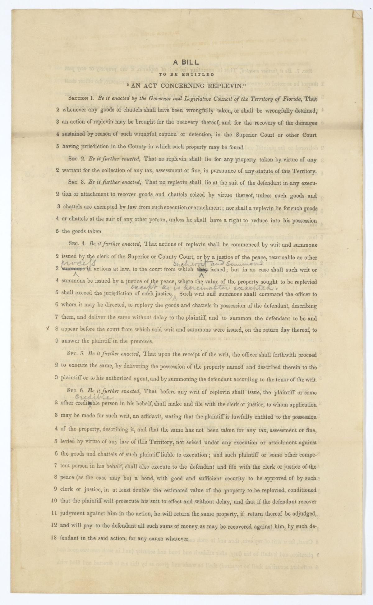 Two Drafts of Acts Concerning Replevin, 1845