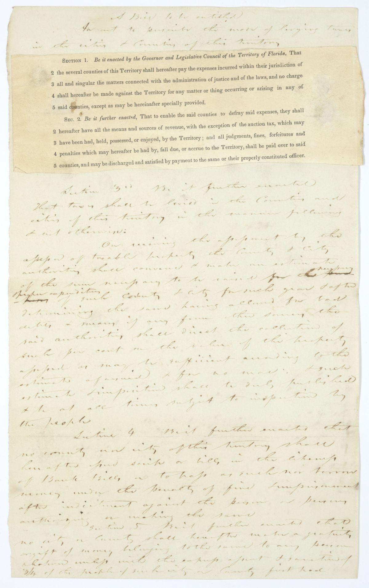 Draft of an Act to Prescribe the Mode of Levying Taxes in the Cities and Counties of the Territory, circa 1845