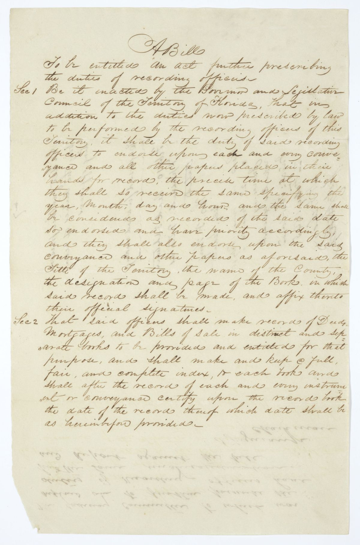 Draft of an Act Further Prescribing the Duties of Recording Officers, 1845