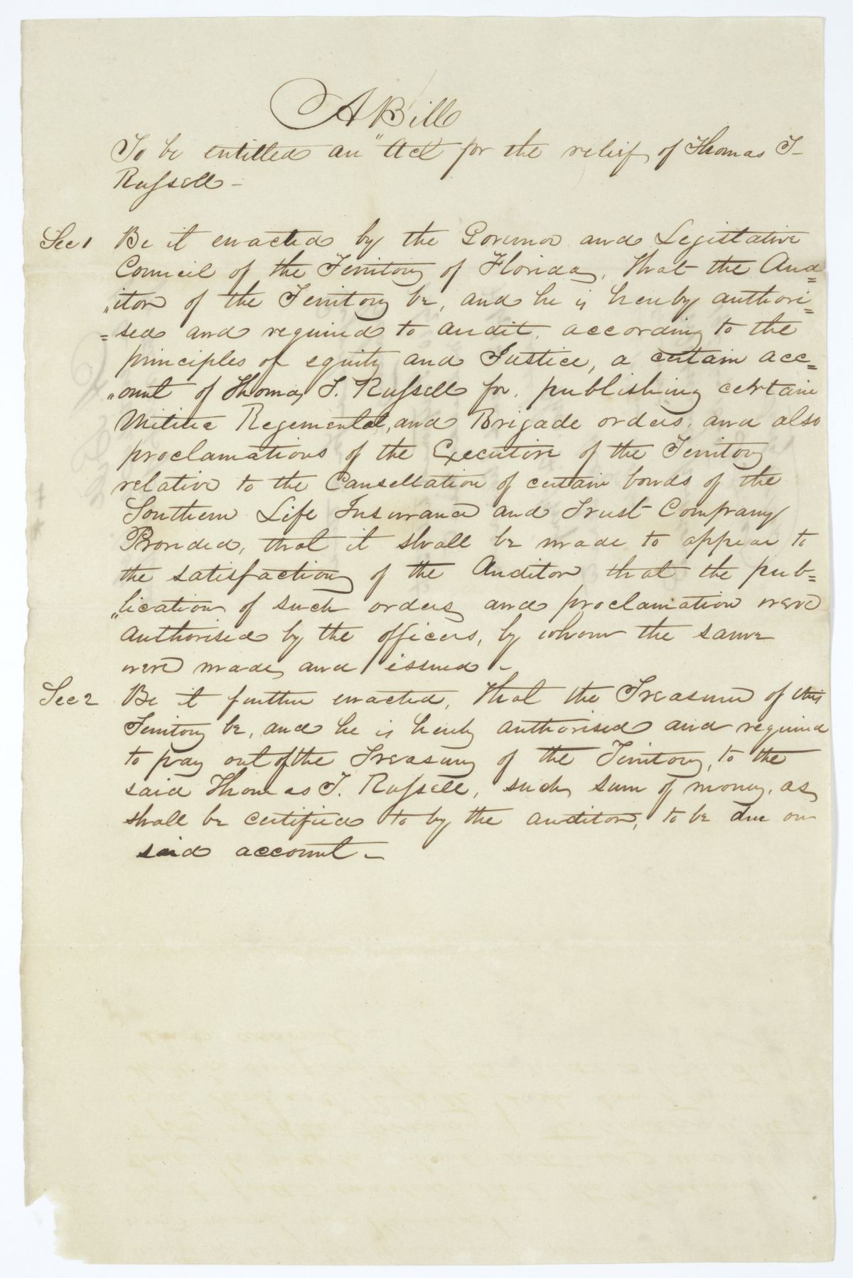 Draft of an Act for the Relief of Thomas T. Russell, 1845