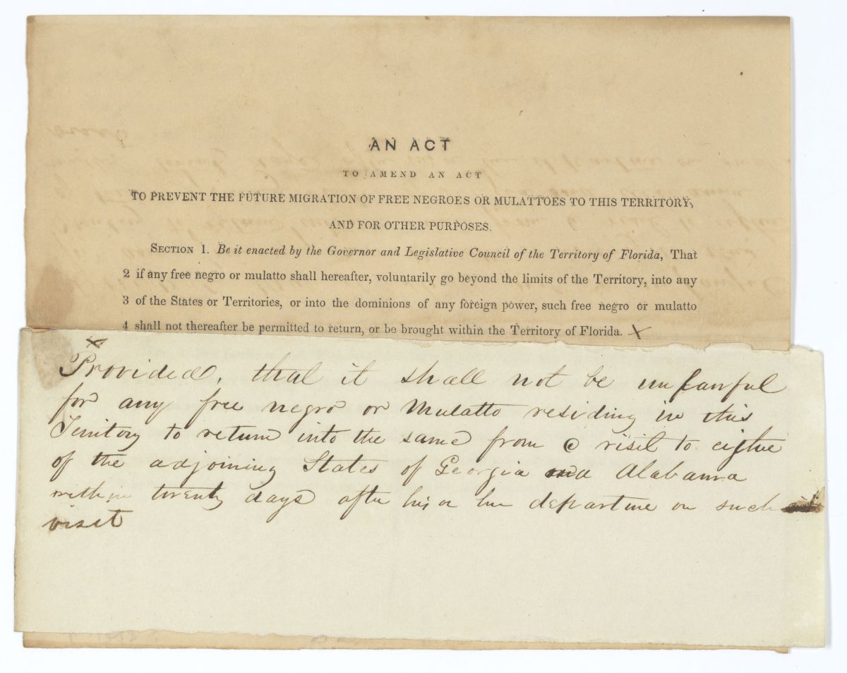 Draft of an Act to Amend an Act to Prevent the Future Migration of Free Persons of Color to the Territory, circa 1845