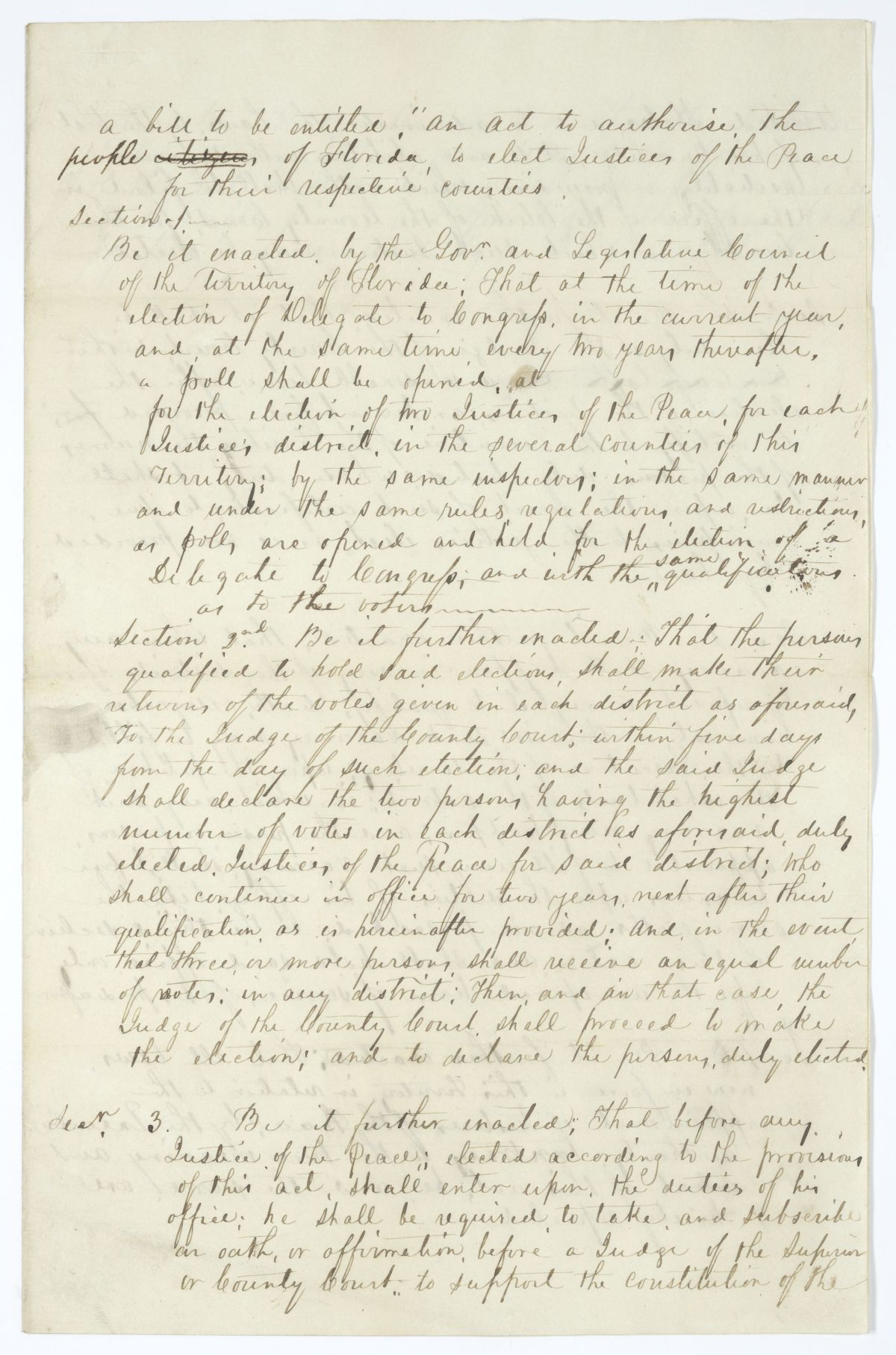 Draft of an Act to Authorize the People of Florida to Elect Justices of the Peace for Their Respective Counties, circa 1845