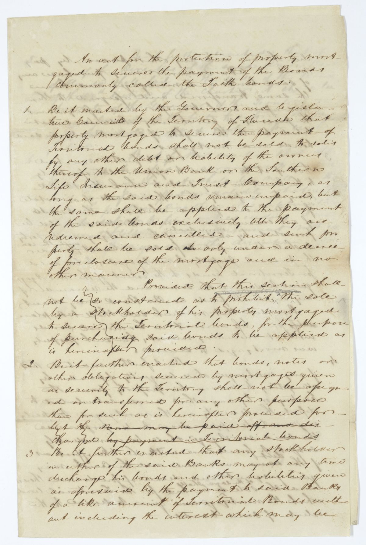 Draft of an Act for the Protection of Property Mortgaged to Secure the Payment of Faith Bonds, circa 1845