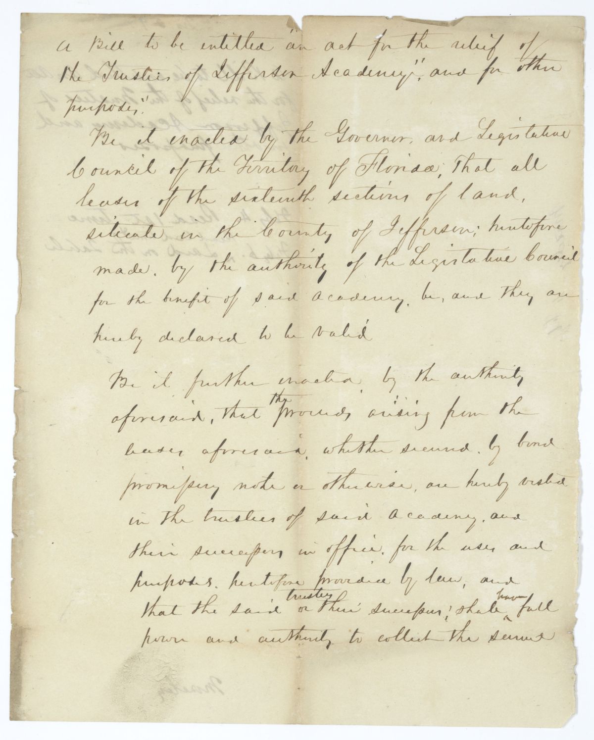 Draft of an Act for the Relief of the Trustees of Jefferson Academy, circa 1845