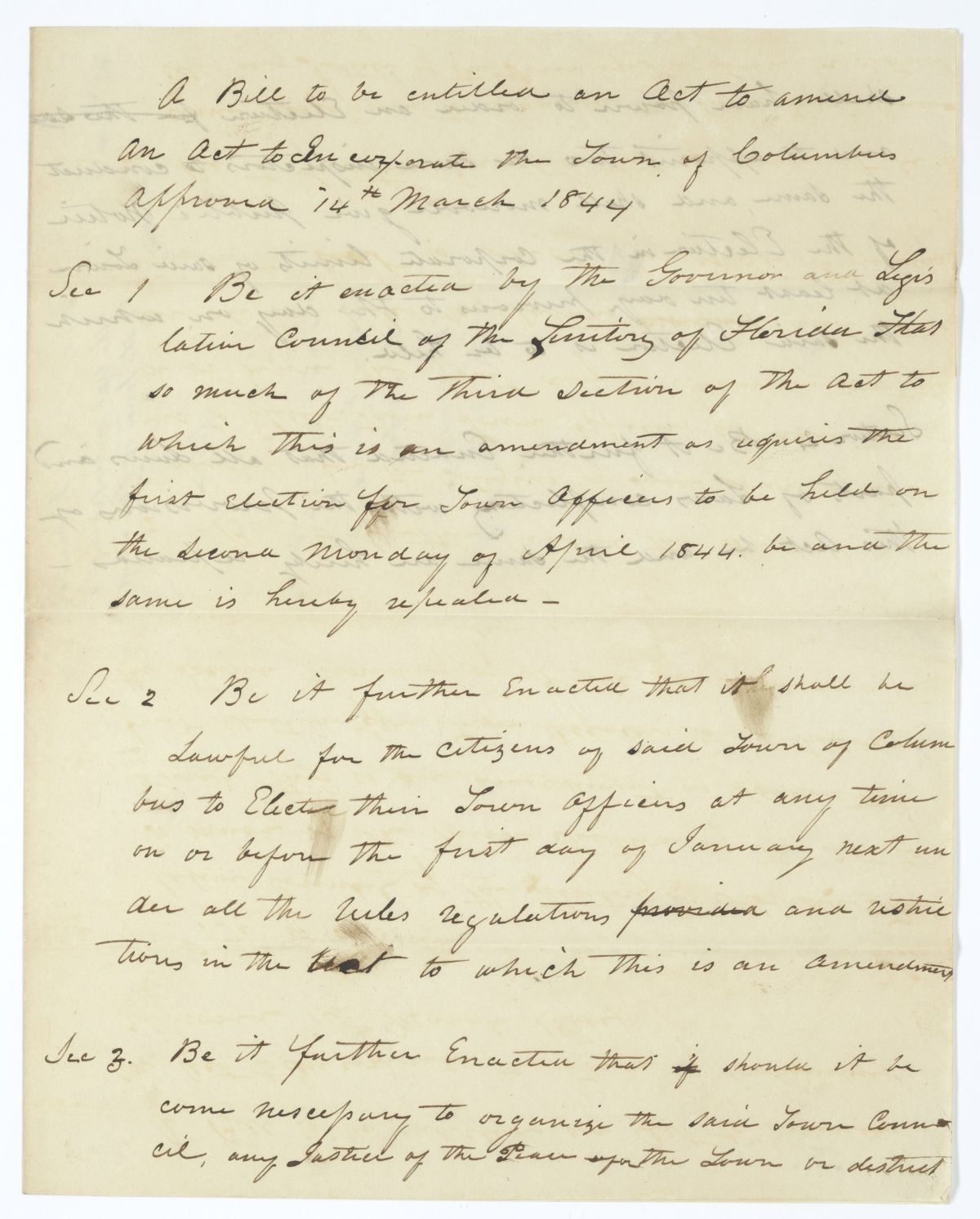 Draft of an Act to Amend an Act to Incorporate the Town of Columbus, 1845