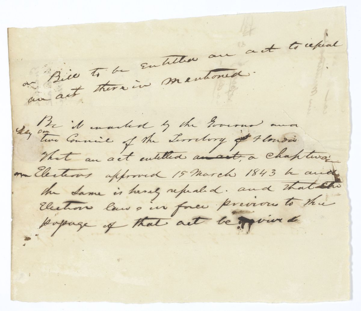 Draft of an Act to Repeal an Act Therein Mentioned, circa 1845