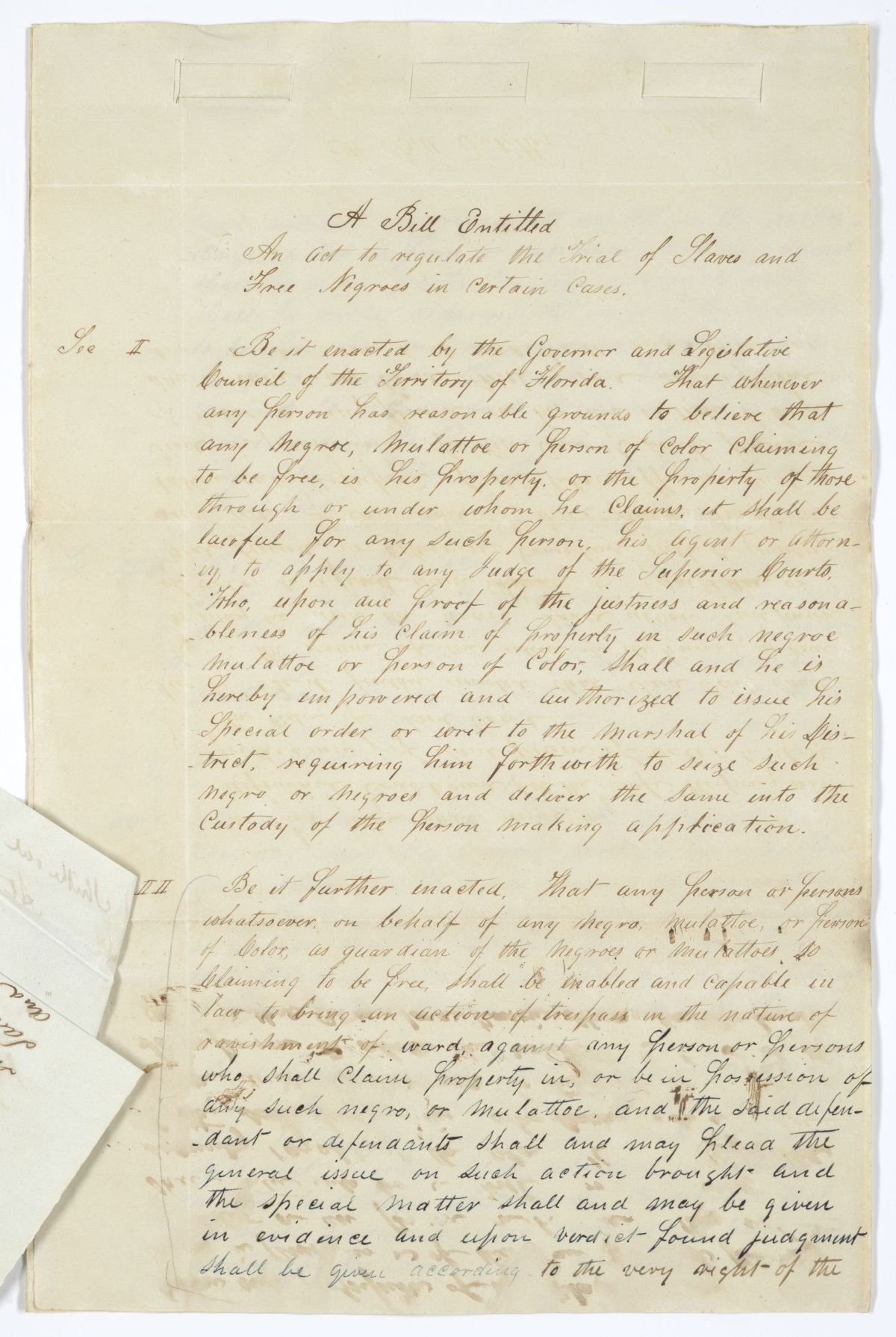 Draft of an Act to Regulate the Trial of Enslaved Persons and Free Persons of Color in Certain Cases, circa 1845