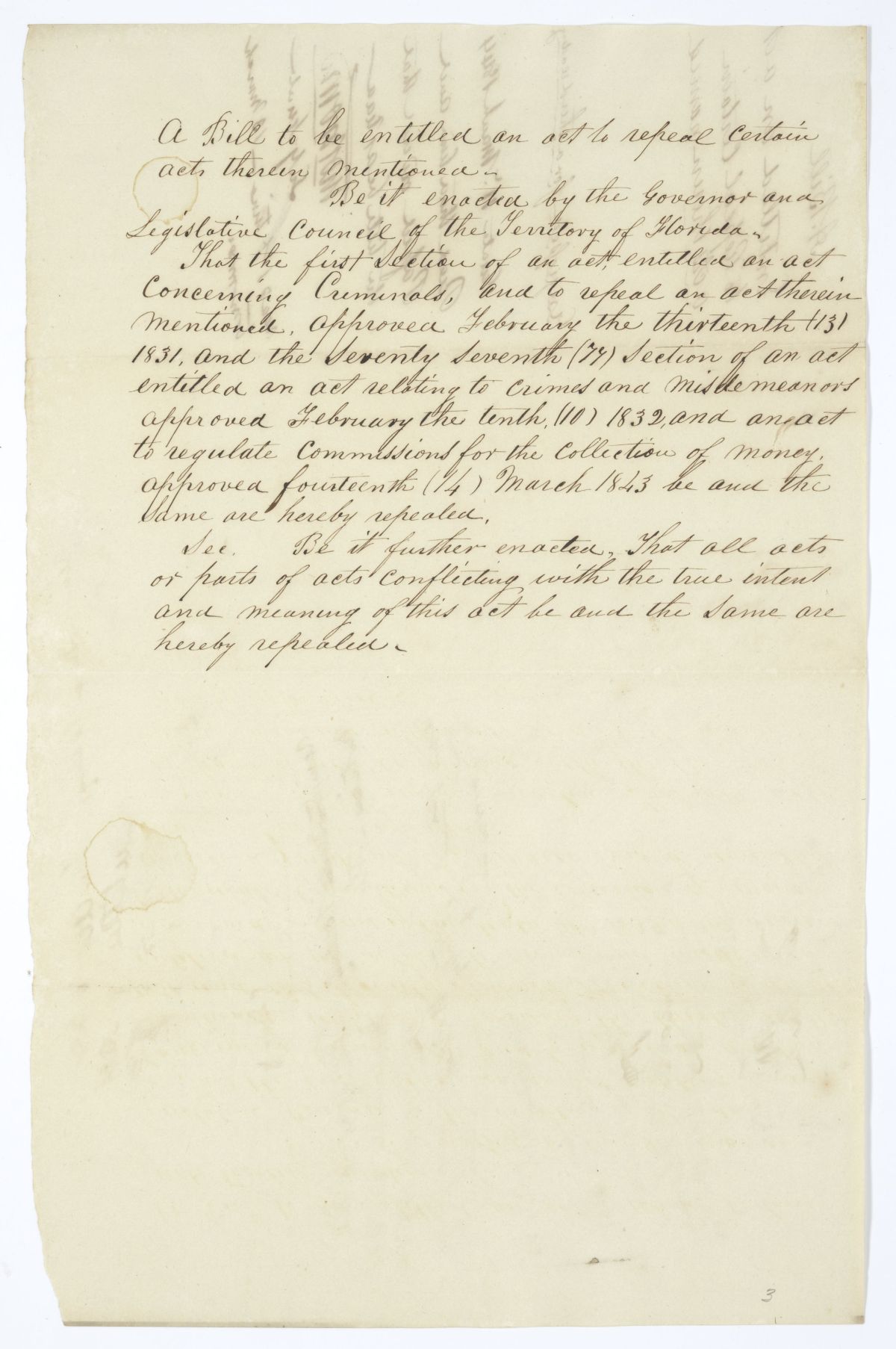 Draft of an Act to Repeal Certain Acts Therein Mentioned, 1844